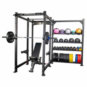 Renegade Power Rack with weight bench, olympic barbell, weight plates, hex dumbbells, kettlebells and slam alls